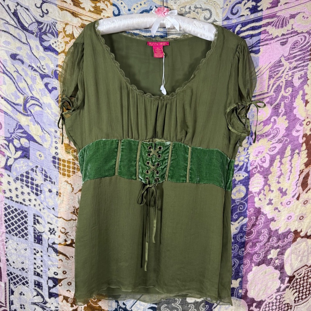 Silk Green Velvet Lace Up Corset Renfair Goth Fairy Babydoll Blouse Size XL - Picture 5 of 14